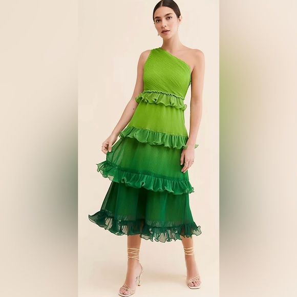 Anthropologie Dresses & Skirts - Anthropologie Vibrant Green Ruffle Midi Dress
